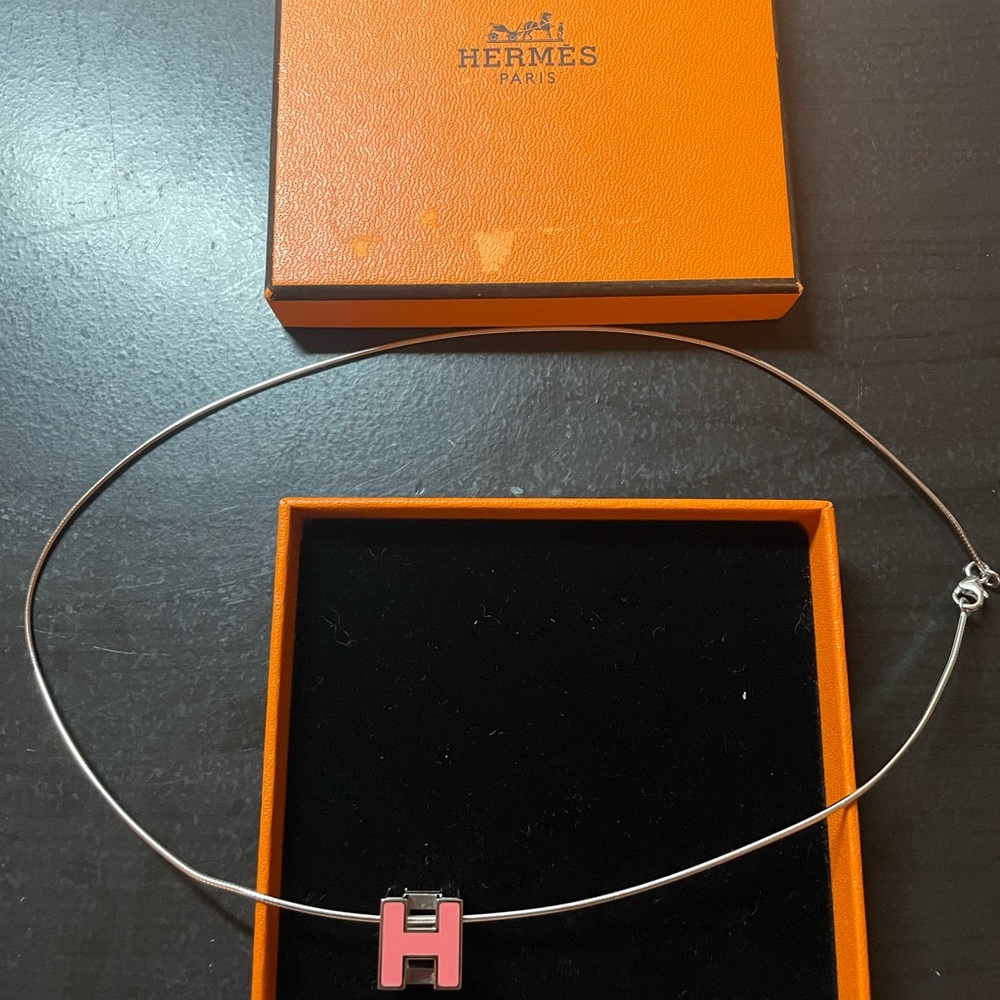 Authentic HERMES H logo cube pink necklace